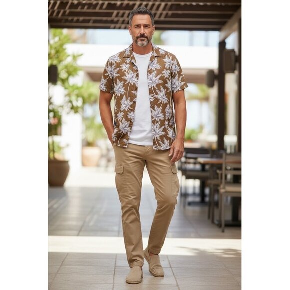 No Brand Other - Men's Short-Sleeve With Brown & White Palm Trees Button-Down Shirt